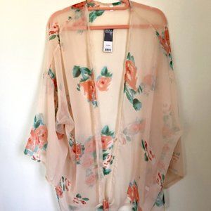NWT Bijou Terner Peach Flowered Kimono/Beach Cover UP Fits L/XL